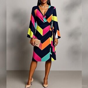 Emerald Wrap Dress Women Medium Geometric Chevron Bell Sleeve Jersey Knit